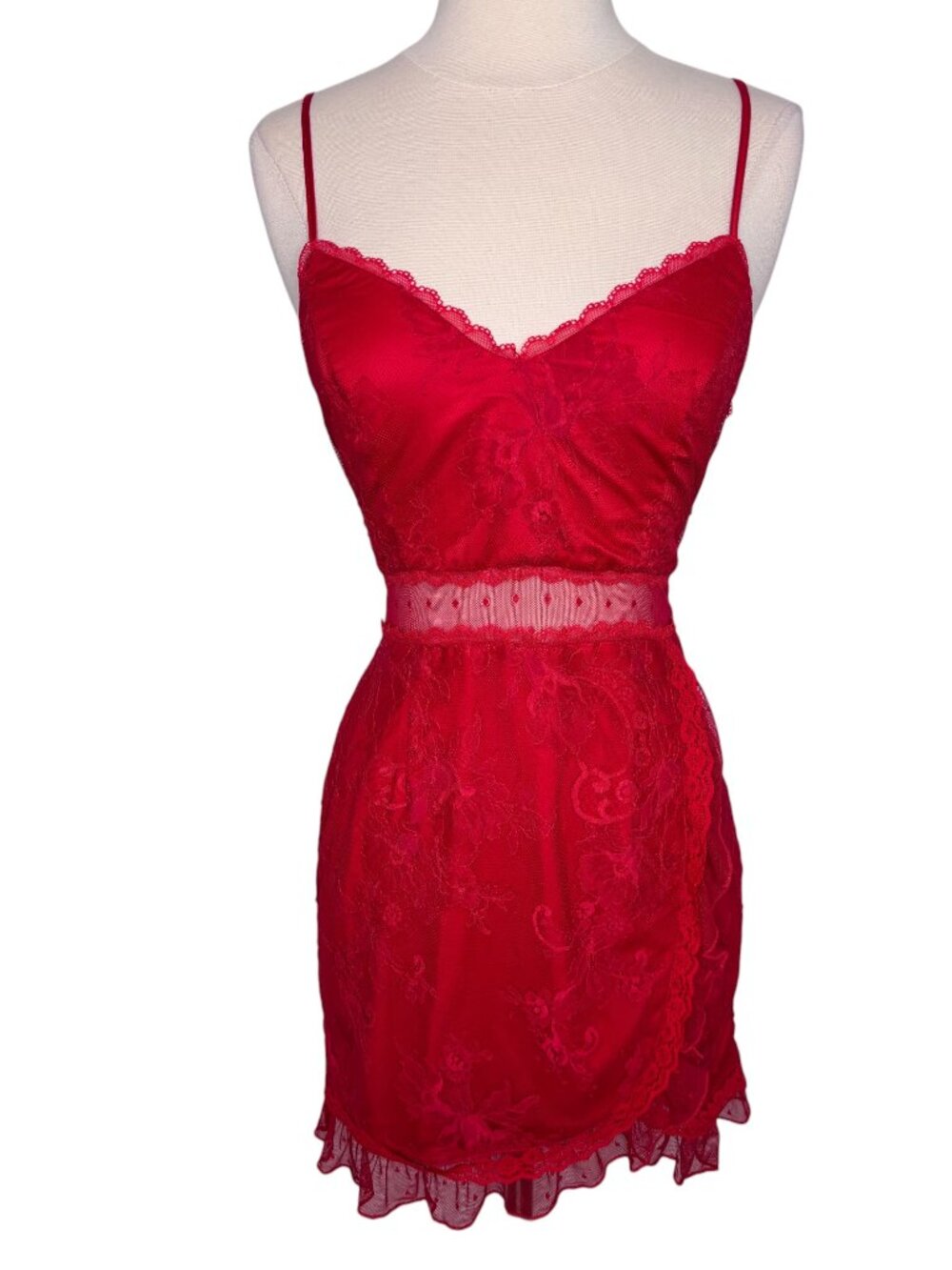 Lovers + Friends Lissa Red Lace Mesh Ruffle Hem Sleeveless Lined Mini Dress S